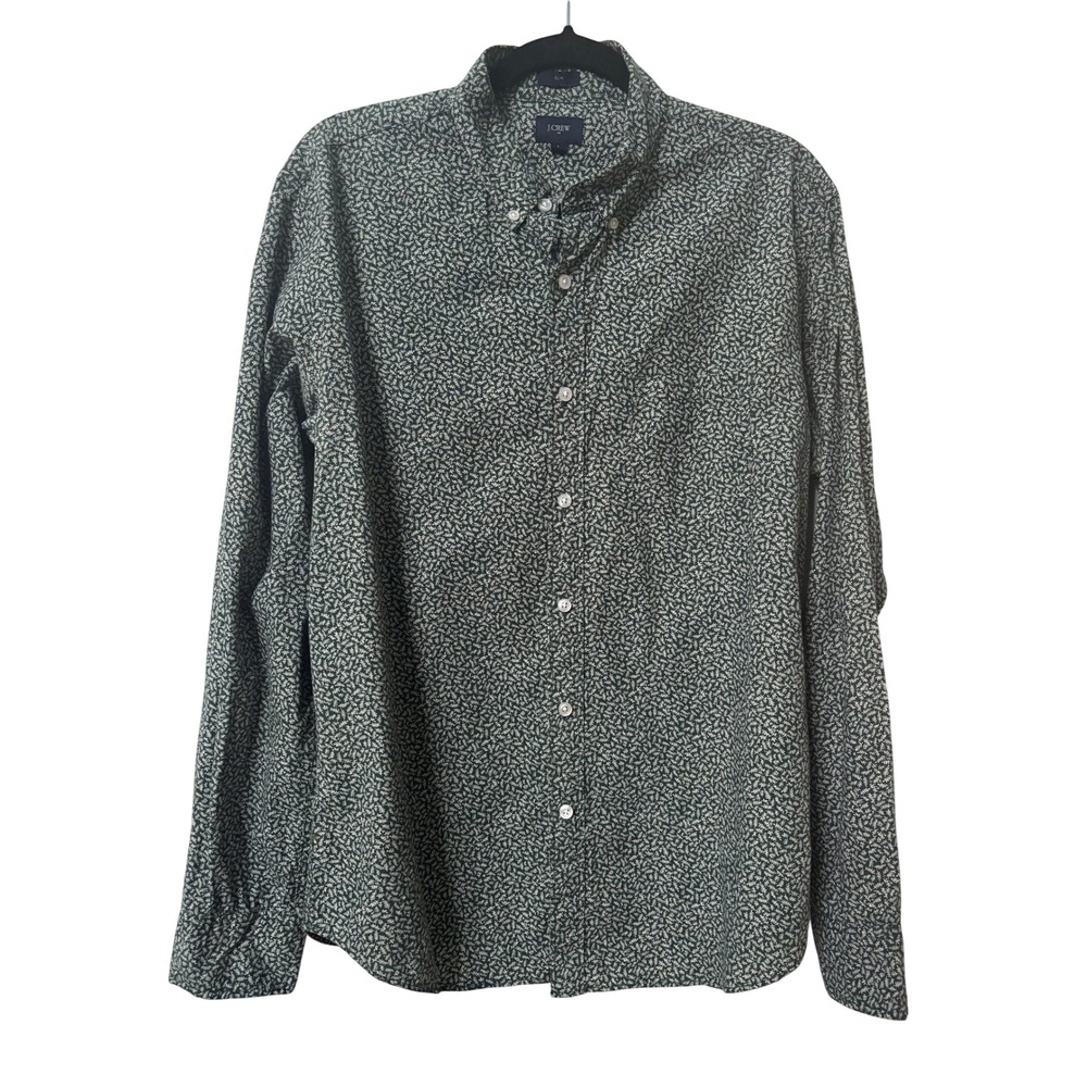 J. Crew Slim Fit Button Down Shirt Mens Large Green White Botanical Sprig Cotton